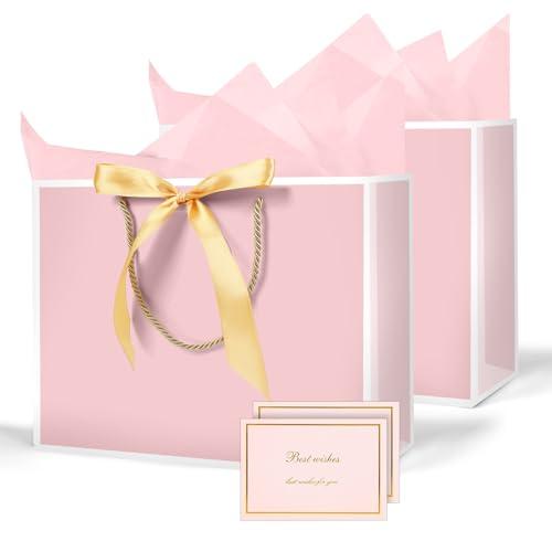 AMFUN Sacchetti in Carta con Maniglia e Nastro, 2 Pezzi Regalo con 4 Veline e 2 Biglietti per Compleanno, Matrimonio - 20 x 28 x 10 cm