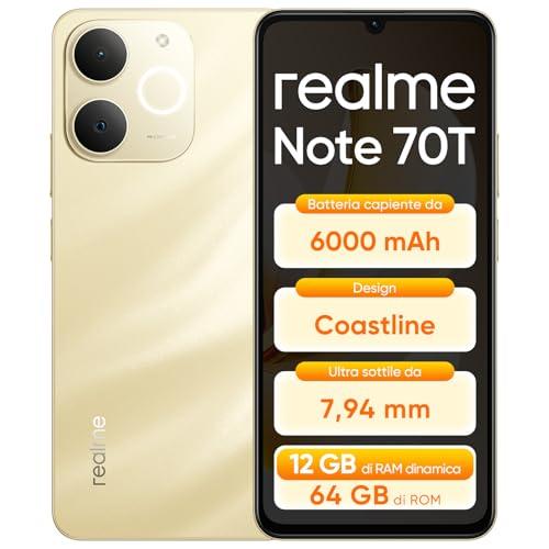 realme Note 70T 4+64GB Smartphone, Display HD da 6,75'' a 90Hz, Batteria ad Alta Capacità da 6000 mAh, Protezione ArmorShell, Chipset Octa-core T7250, NEXT AI, IP54, Oro Spiaggia, Senza Caricabatterie