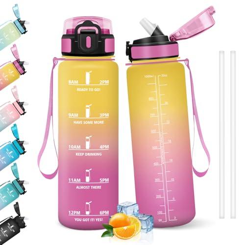 HoneyHolly Borraccia 1 Litro, Libre de BPA & A Prova di Perdita, Borracce con Cannuccia, Reutilizables, Borraccia Motivazionale, Water Bottle per Scuola, Palestra, Ufficio, Sport