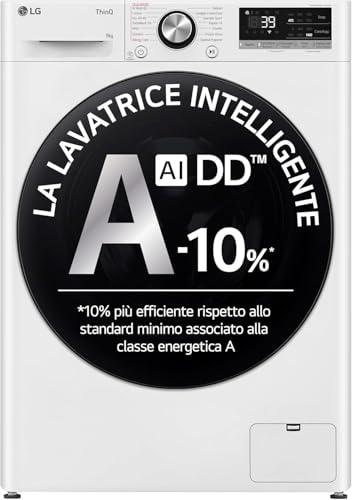 LG AI DD F4R7009TSWB Lavatrice 9 kg Classe A -10%, 1400 Giri, Carica Frontale con Oblò in Vetro Temperato, Funzione TurboWash 360, Vapore su 7 Programmi, Wi-Fi, Libera installazione, Serie R7, Bianca