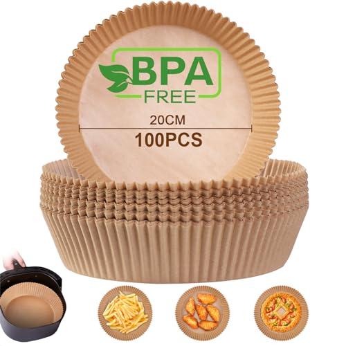 AiQInu Carta Forno per Friggitrice ad Aria,100 Pezzi 20-24 cm Carta Pergamena Rotondo Food-Grade BPA Free, Antiaderente Carta per Friggitrice ad Aria Facile da Pulire per 4.5-6L Friggitrice ad Aria