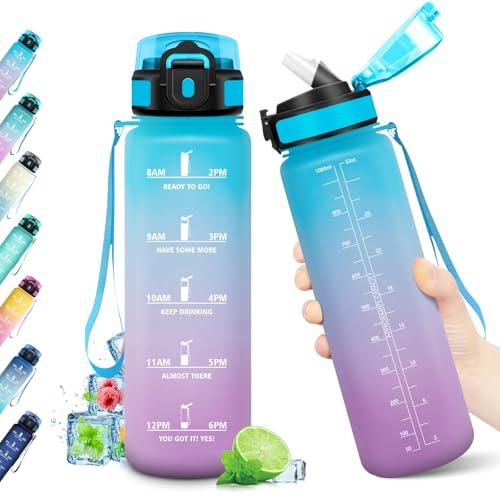 KollyKolla Borraccia 1L, con Cannuccia, Bottiglia Acqua Riutilizzabile, Bottiglia Palestra con Indicatore del Tempo, senza BPA, A Prova di Perdite, Borraccia Sport per Fitness, Studenti, Ufficio