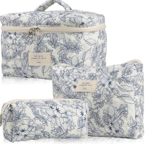Aucuu Beauty Case, 3 Pezzi Floreale Grande Capacità per Il Trucco, Borsa da Toilette Trapuntata, Beauty Case da Viaggio Cotone Morbido, Beauty Trapuntato Grandei da Toilette Makeup Bag Organizer