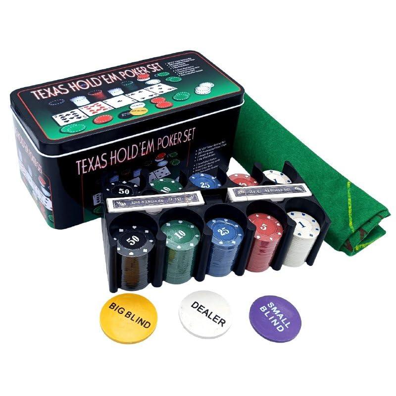 Glac Store Set da Poker con Scatola in Metallo, 200 Fiches Colorate, 2 Mazzi di Carte, Fiches Dealer, Panno Verde, Big Blind, Small Blind