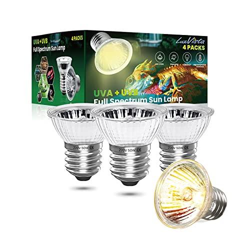 Luxvista E27 Lampadina di Riscaldamento per Rettili, UVA UVB Lampada Alogena 50W Solare Spettro Completo Presa il Sole, per Tartaruga Ragno Serpente, 4-Pezzi