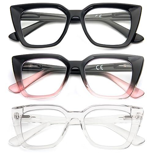 Kodilin 3 Pack Occhiali da lettura donna Oversized Square Anti Luce Blue Computer Lettori Uomo con cerniera a molla (+2.0, nero rosa trasparente)