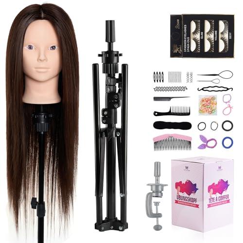 Neverland Testa Per Parrucchieri con Supporto, 60% Capelli Umani Veri 71cm Testa Bambola da Truccare e Pettinare Testa Manichino con Strumenti di Acconciatura + Morsetto da Tavolo