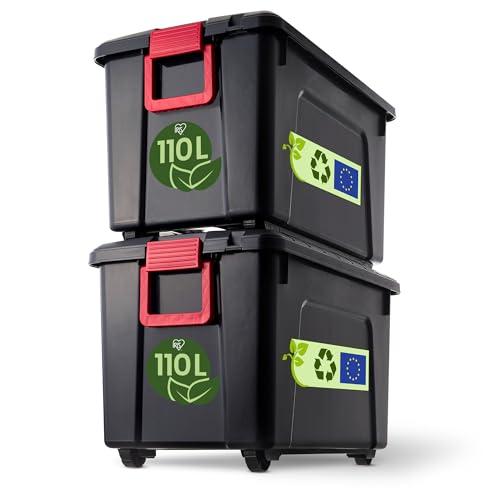 Iris Ohyama, Scatole Grandi, Organizzatore di Contenitori in Plastica, con Coperchio e Cips di Chiusura, 110L, Lotto di 2, Impilabile, con Ruote, Senza BPA, Soffitta, Capannone, Garage, SIA-110, Nero