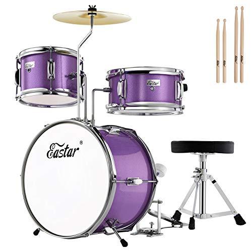 Eastar Batteria per Bambini per età 3-10 Anni, Junior Drum Set con Rullante, Tom, Grancassa, Pedale Grancassa, Sedile e Bacchette (Viola)