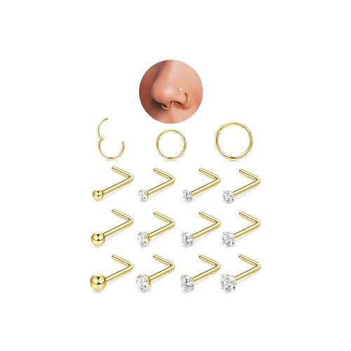 Fioroyal Piercing Naso in Oro 14K, Spirale Acciaio Chirurgico, Cerchio Anello CZ Brillantino 20G/18G Orecchini Nostril 6/8/10mm