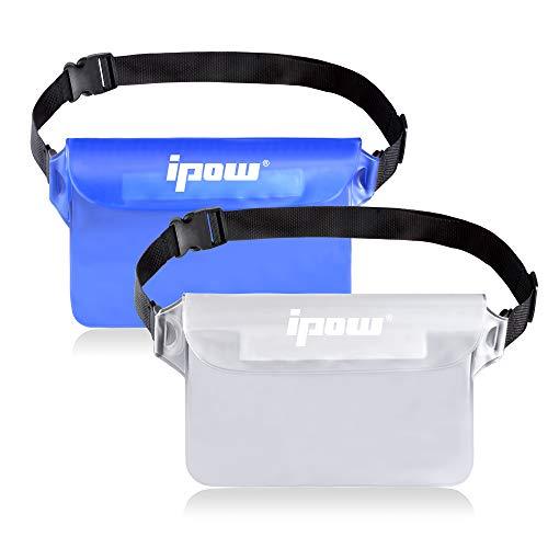 ipow 2 PZ Borsa Impermeabile Marsupio Impermeabile Mare Universale Chiusura a 3 Zip Super Protezione Certificato IPX8 con Cintura Regolabile per Documento Cellulare, Bianco e Blu semitrasparenti