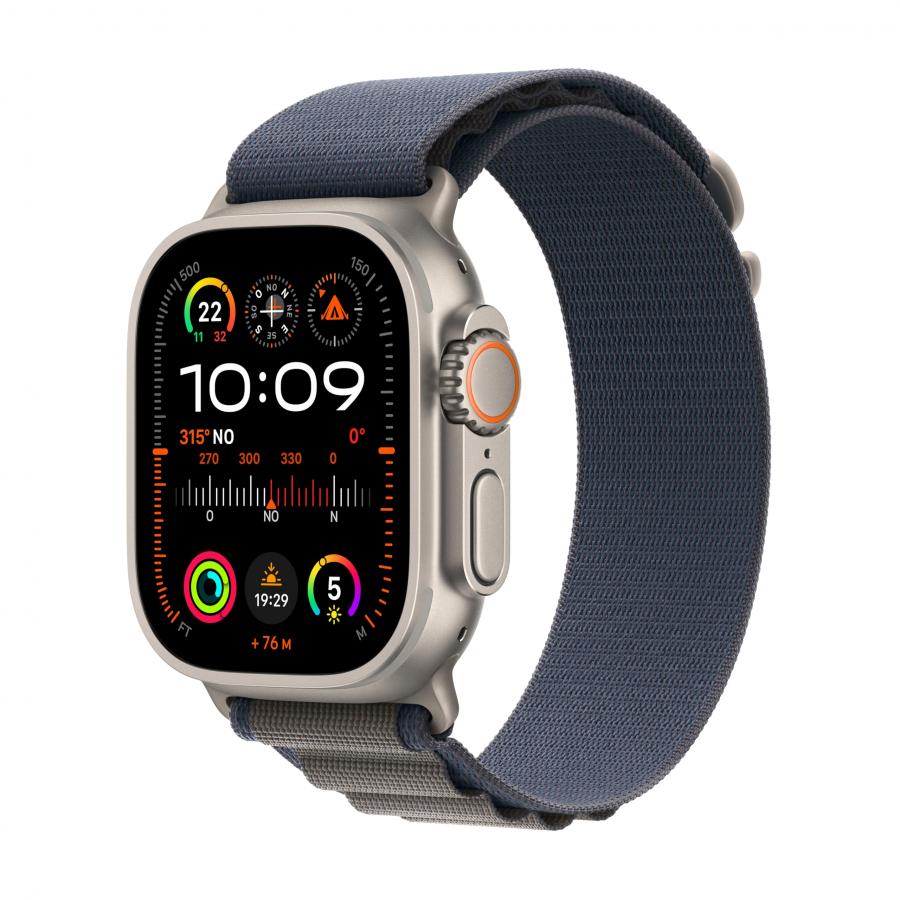 Apple Watch Ultra 2 GPS + Cellular 49mm Smartwatch con robusta cassa in titanio e Alpine Loop blu - Small. Fitness tracker, GPS di precisione, tasto Azione, batteria a lunghissima durata