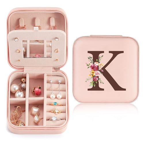 Scatola Portagioie da Viaggio Portagioie con Iniziale Fiore Mini Porta Gioielli Donna Portagioielli Piccoli con Specchio Ragazza Regalo per Compleanno Anniversario Natale