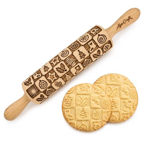Mattarello Decorativo per Biscotti | Mattarello Inciso | Rullo per Biscotti e per Modellare | Mattarello Natalizio | Mattarello Legno Goffrato di Algis Crafts
