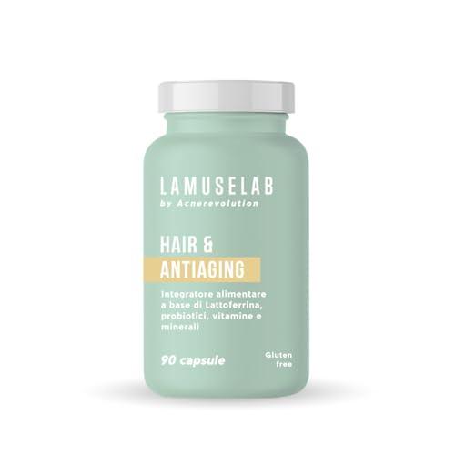 LAMUSELAB Integratore Hair & Antiaging Con Lattoferrina, Probiotici, Vitamine e Minerali, per il Benessere dei Capelli e Unghie, Antiossidante 90 Capsule