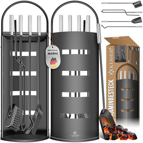 KESSER® Accessori per camino Kit caminetto da 5 pezzi - design moderno, rivestito, Set per caminetto 5 pezzi: scopino, paletta, attizzatoio, pinza, supporto porta-attrezzi, d'argento Nero