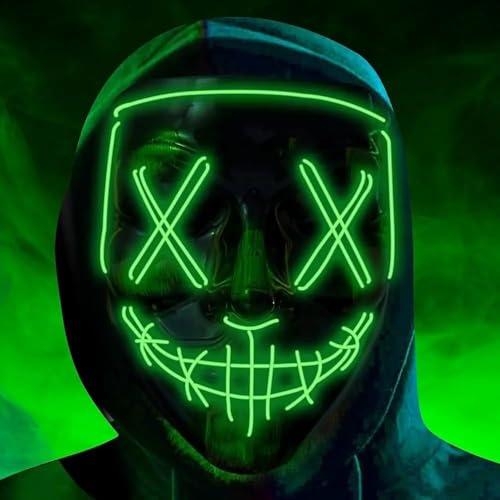 Maschera di Halloween ispirata a “The Purge” con LED, controllabile, per Halloween e Carnevale, costume di travestimento per uomo e donna, in diversi colori (LED verde)