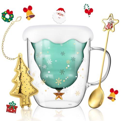 ecooe Tazza Albero di Natale Doppia Parete 270ml da Caffè Cappuccino Latte Macchiato con Manico Cucchiaio Bicchiere Vetro Borosilicato Trasparente, Colino da tè dell'albero di Natale per Tè, Latte