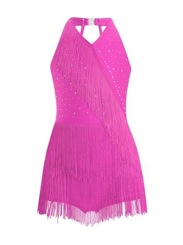 Alvivi Abito da Ballo Latino Americano Bambina Frange Body Balletto con Strass Vestito da Ballo Moderno Danza Classica Body Ginnastica Ritmica Dancewear Rosa caldo 9-10 anni
