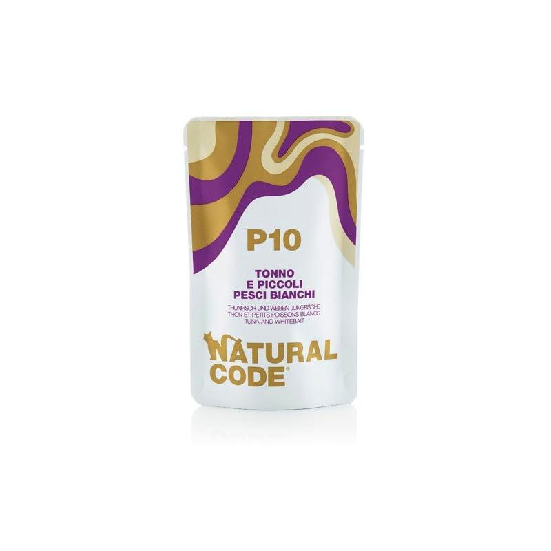 Natural Code Umido Gatto Adult gusto TONNO e PICCOLI PESCI BIANCHI, Numero P10, morbidi SFILACCETTI in acqua di cottura per gatti adulti di tutte le taglie, altamente digeribile | 12 bustine da 70 gr