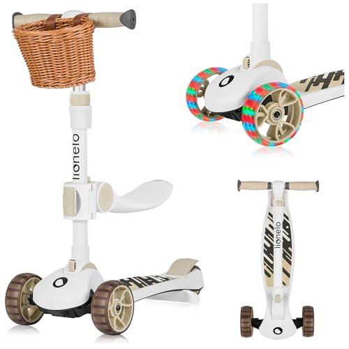 Lionelo FRANKY 2 in 1 Bicicletta e Monopattino per Bambini Fino a 50 kg Adatto da 1 a 7 Anni con Sedile e Manubrio Regolabile, Ruote LED, Telaio Rinforzato, Pedana antiscivolo, Cestino (Beige)