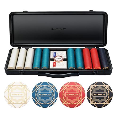 SLOWPLAY Nash - Set di fiches da poker in ceramica per Texas Hold'em, 500 pezzi [chip vuoti], 43 mm e 12 g ciascuno, dispone di una custodia per chip di fascia alta con guscio in policarbonato tedesco
