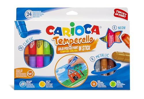 CARIOCA Temperello, Tempere Lavabili per Bambini in Stick per Colorare su Carta, Cartoncino, Legno e Cartone, Colori Assortiti e Brillanti, Senza Solventi, Classic, Neon e Metallic, 24 Pezzi