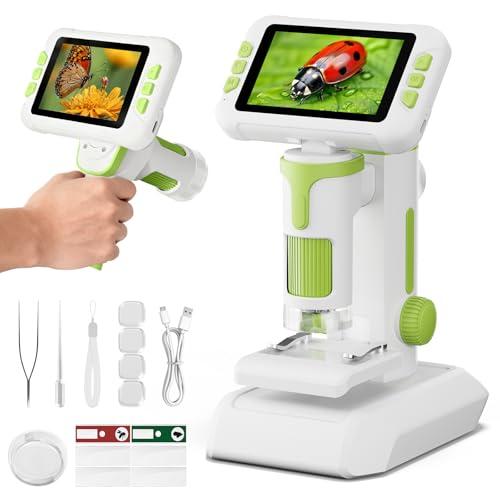HEWEIMEI 1600X Microscopio bambini, Schermo IPS da 4,0 Pollici Microscopio Digitale con 6 luci LED Regolabili e Vetrini, ARegali di Natale Compleanno e Capodanno per Bambini dai 3 ai 14 Anni