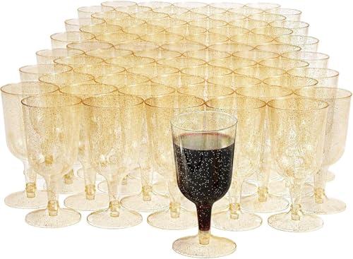 Matana 50 Eleganti Bicchieri da Vino in Plastica Rigida Trasparente con Glitter Dorati, 180ml - Resistenti e Riutilizzabili - Calici in Plastica per Vino per Compleanni, Matrimoni, Natale, Feste