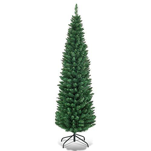 COSTWAY Albero di Natale 150/180/210/240 cm, Albero di Natale Slim con 220/400/700/1000 Rami Folti e Realistici e Base in Metallo, Albero di Natale Artificiale per Casa e Negozio, Verde (180 cm)