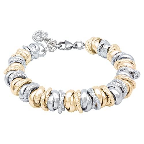 ParticolarModa Bracciale Donna regolabile nodini anellini lucido diamantato acciaio alluminio morbido 12 mm (Regolabile da 23 a 26 cm (x polso 19-21), Argentato/Dorato)