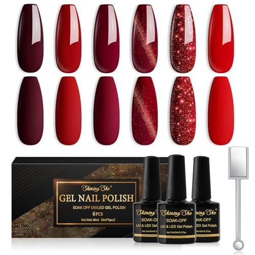 Shining She Smalto Semipermanente Unghie,6 Colori Cat Eye Glitter Smalto Semipermanente Set con Magnete,Trasparente Cristallo Jelly Smalto Unghie,Soak-Off UV/LED, per Nail Art Salone, 8ML