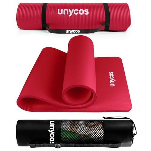 unycos - Tappetino Antiscivolo da Yoga, Pilates e Ginnastica Extra Spesso 15 mm, 183x60 cm, Materassino Fitness con Schiuma NBR Confortevole, Tracolla, Borsa ed E-Book di 50 Esercizi (Rosso)