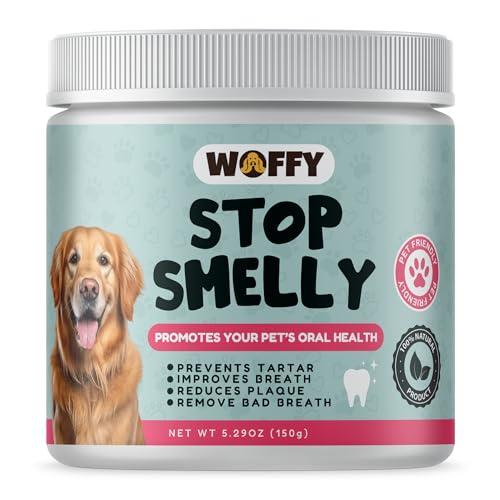 Woffy Stop Smelly Polvere Placca Cani Naturali con alito Cattivo - Riduce tartaro e placca, migliora l'alito Cattivo Grazie alle alghe Ascophyllum e ai probiotici