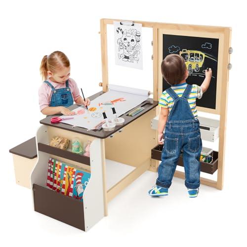 COSTWAY Set 3 in 1 Tavolo e Sedie per Bambini 3+ Anni, Tavolo in Legno Sicuro con Lavagna Cancellabile, Magnetica, Cavalletto Regolabile, Libreria e Accessori Artistici, per Disegno (Caffè)