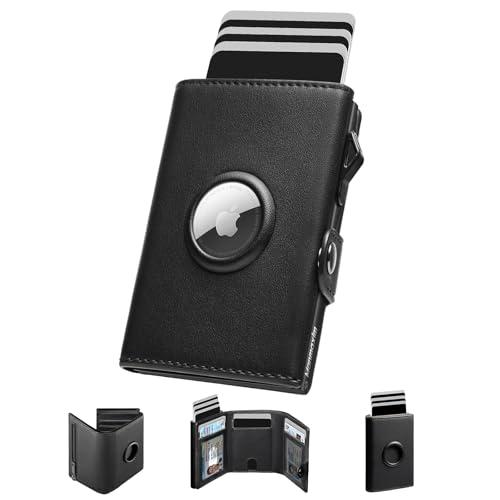 Manmaxim Portafoglio Uomo Airtag, Porta Carte di Credito Slim Uomo Portacarte Schermato RFID, Compatto Men's Air tag Wallet con Portamonete Capacità Porta Tessere per 9-12 Carte & 2 Finestra ID, Nero