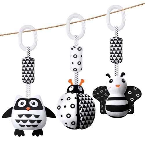 Aolso Giocattoli per Passeggino, 3 Giocattoli A Sonaglio da Appendere, Giocattolo per Bambini Ad Alto Contrasto, Educativo di Peluche per Neonato, Regalo per Bambini Neonato 0 3 6 9 12 Mesi