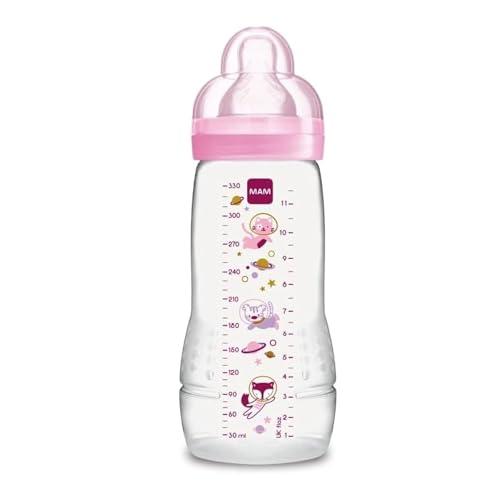 MAM Biberon Easy Active Baby Bottle 330 ml, Biberon MAM per bambini attivi ergonomico e pratico, Accessori neonato 4+ mesi per l'allattamento con tettarella misura 3 piatta e simmetrica, Rosa