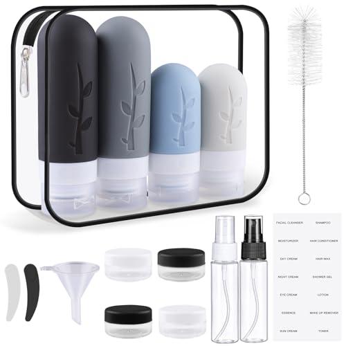 Zosenyer Kit Viaggio Liquidi, 16 Pezzi Contenitori da Viaggio in Silicone, Contenitori Accessori per Shampoo, Lotion e Cosmetici, Mini Size da Viaggio (Nero)