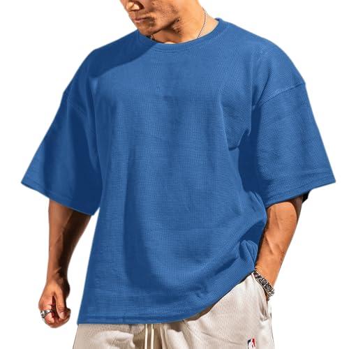 Muscle Alive Uomo Basic Magliette a Maniche Corte Cialda Felpa Perdere Peso Allenamento Maglione Maglia Girocollo Blu XXL