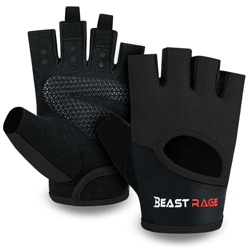 BEAST RAGE Guanti da fitness traspiranti per uomo e donna, guanti per sollevamento pesi, bodybuilding, palestra, esercizio antiscivolo, crossfit bodybuilding, ciclismo (M, NERO)