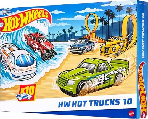 Hot Wheels - Set da 10 truck acrobatici, utilitari, da corsa e altri pick-up, veicoli die-cast in scala 1:64, modelli moderni e retrò da collezione, giocattolo per bambini, 3+ anni, HYM97