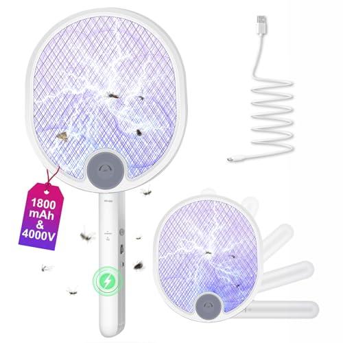 WOCVRYY Racchetta Zanzare Elettrica Pieghevole 4000V 1800mAh 3 in 1 Scacciamosche Elettrico USB Ricaricabile Palette Schiacciamosche e Luce LED Adatto per Interni ed Esterni