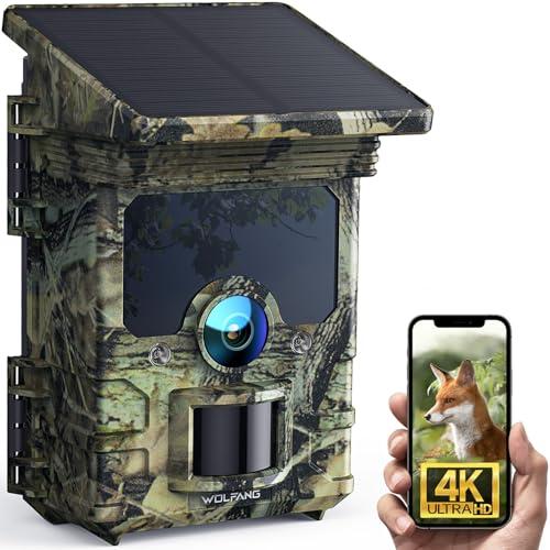 WOLFANG Fototrappola 68MP 4K 30Fps, Solare Wifi Bluetooth e App Fotocamera Caccia con Batteria Ricaricabile da 5200mAh, Visione Notturna Impermeabile IP66, Tempo di Scatto 0,1s