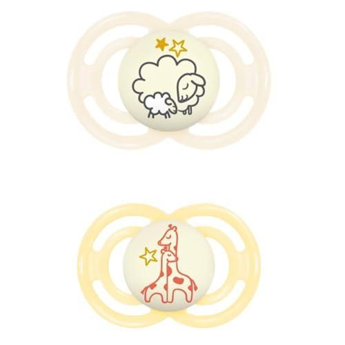 MAM Perfect Night Confezione Doppia Succhietto 16+ Mesi (Set da 2), Ciuccio MAM 16 36 mesi silicone che si illumina al buio, 2 accessori neonato per lo sviluppo orale con porta ciuccio, Giallo/Neutro