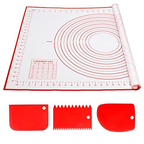 Alyvisun Spianatoia per Impastare Silicone, 70 x 50 cm Tappetini Stendipasta Antiscivolo Tappetino Silicone Riutilizzabile Cucina Accessori Per Biscotti, Impasti, Pizza (Rosso + 3 Raschietti)