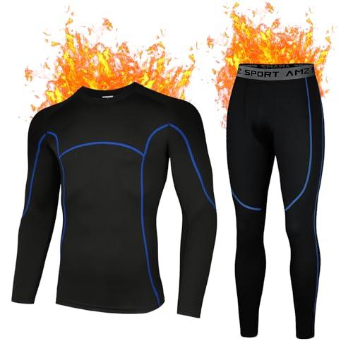AMZSPORT Intimo Termico Uomo Set di Maglietta e Pantaloni a Compressione Asciugatura Rapida per Sci Palestra Ciclismo Calcio Corsa, NeroBlu XXL