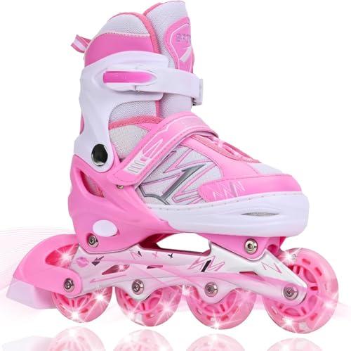 DUZSKJ Pattini in linea regolabili per bambini ragazzi ragazze con ruote di illuminazione, pattini regolabili per bambina per principianti giochi all'aperto (Rosa & Bianco, M)