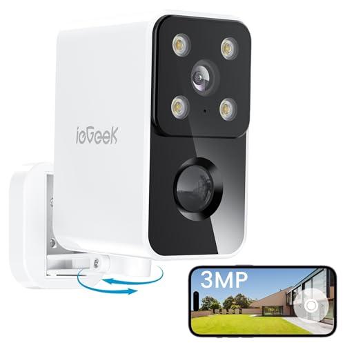 ieGeek Rotazione 180° Telecamera Wifi Esterno Senza Fili, 4 LED Lights, 2K Videocamera sorveglianza Interno a Batteria, PIR Rilevamento Umano, Visione Notturna a Colori, Audio Bidirezionale, S3