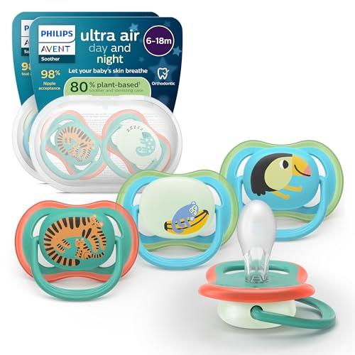 Philips Avent Ultra Air Day & Night Pacifiers - Design ortodontico, per neonati 6-18 mesi, modello fluorescente, tettarella simmetrica in morbido silicone, senza BPA, confezione da 4, SCF087/27